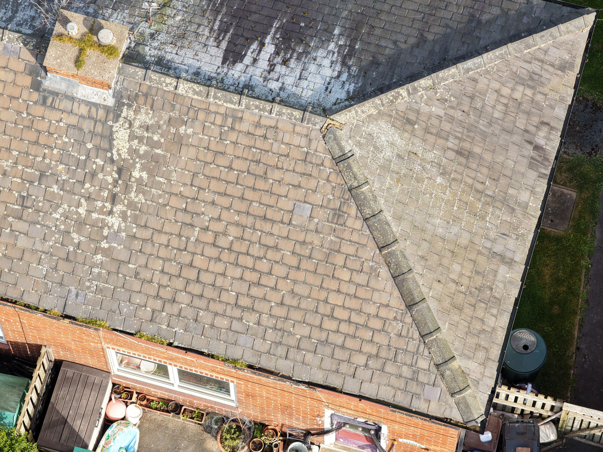 Aerial drone view of residential roof
